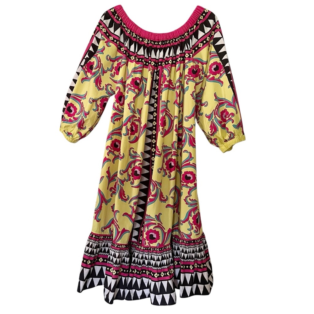La DoubleJ Paloma short cotton trapeze dress in Cartwheel Giallo geometric print - Picture 2 of 11